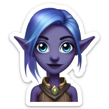 night elf female whom world of warcraft with white sclera eyes, purple skin, blue hair, long eyebrows and ears, blue eyemask sticker