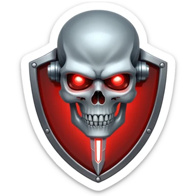Sci-fi shield badge, terminator style skull, glowing red eyes, crossed futuristic light sable and energy sword, no background sticker