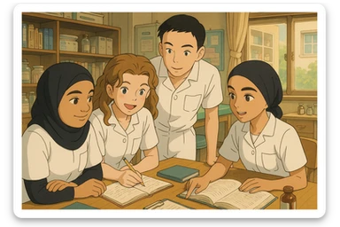 Ghibli style interior scene with a group of four nursing students working together. They wear white short-sleeve uniforms with V-neck medical tunics and a left chest pocket, no stethoscopes or clothes under the tunic. Warm atmosphere with visible interaction and a different composition. sticker