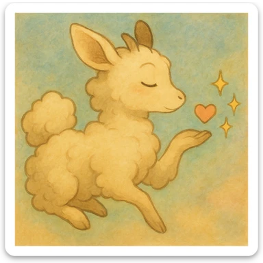 Add a soft pastel background behind the cream yellow Ghibli-style cloud doe blowing a kiss with sparkles, keeping the dreamy and gentle mood. sticker