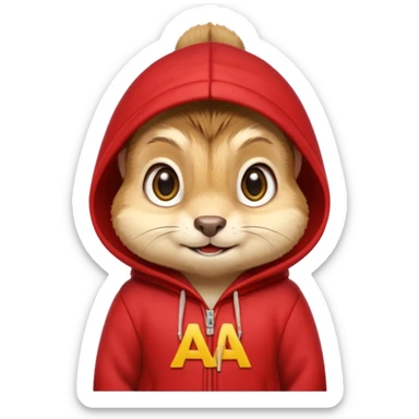 Portrait of a cute cartoon chipmunk with light brown and beige fur, wearing a red hoodie no zip with a yellow 'A' on it, big round eyes, small nose, and a mischievous grin, front-facing, stylized in animated movie style sticker