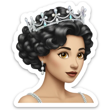 Regal pretty woman photograph defined cheekbones high cheekbones crown vintage with very long iridescent black and silver hair wavy black hair pearl crown iridescent sticker