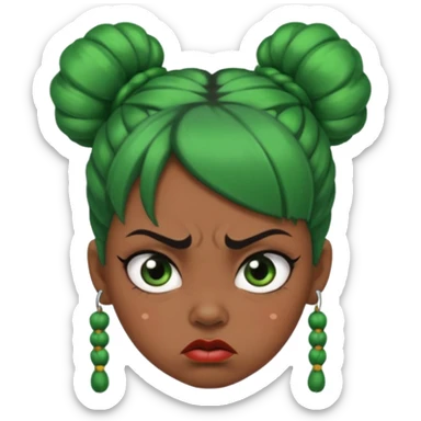 Create a 3D cartoon-style girl character with dark skin, round face, angry expression, big wide eyes, and tightly styled double buns made of green beaded hair. The girl should look irritated, eyebrows sharply angled, and lips pressed in a frown. sticker