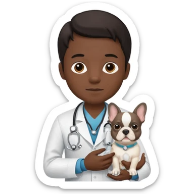 joven médico con el pelo un poco largo pero no tanto y lacio, que tenga un estetoscopio de color de piel tez negra calida !!! que sostiene un bulldog francés blanco sticker