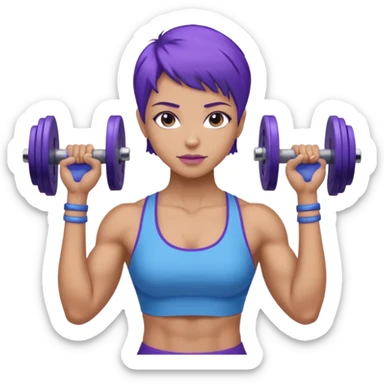 weight lift woman short blue purple har muscles bar is not growing from head sticker