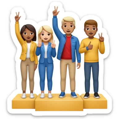 winners podium with three multi-racial people, center step higher, no numbers, all in relaxed fun clothes, center person raising one finger on each hand, left person raising two fingers on each hand, right person raising three fingers on each hand, cheerful expressive emoji style sticker
