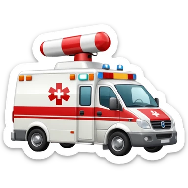 A modern white-and-red ambulance van with flashing rooftop siren.
 sticker
