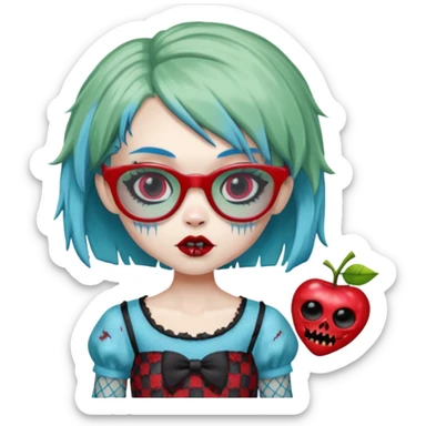 Ghoulia yelps monster high doll in scene/emo style cherry print dress with fishnet sleeves, clothes, thin, small, red, rectangle glasses, pale white-blue skin, pale-green short shaggy hair , zombie scars , boy sticker