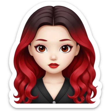 black ombre to red long wavy hair, pretty bratz baddie, pale skin, dark brown eyes, asian pretty bratz baddie sticker