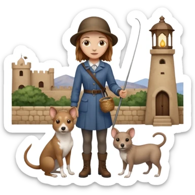 girl with brown eyes and light brown hair standing next to an Andalusian rat-catcher dog sticker