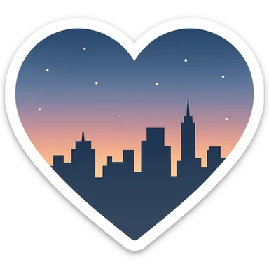 heart with a city skyline at dusk theme, clean digital illustration, no background sticker