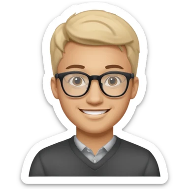 a man in his early 20s wearing glasses for a tech company, his job is marketer sticker