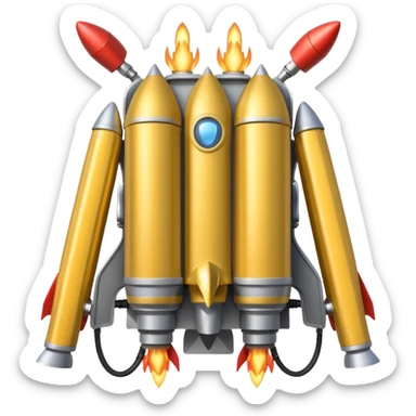 wide jetpack with rocket projectiles on both sides, back view, metallic silver, apple style emoji sticker