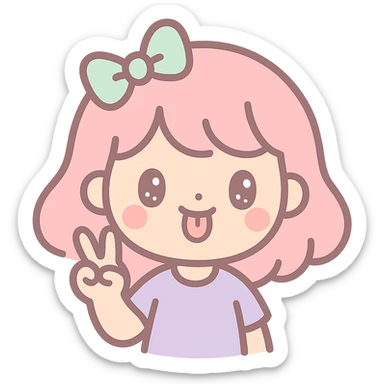girly character sticking tongue out and showing peace hand sign, pastel tones, kawaii style sticker