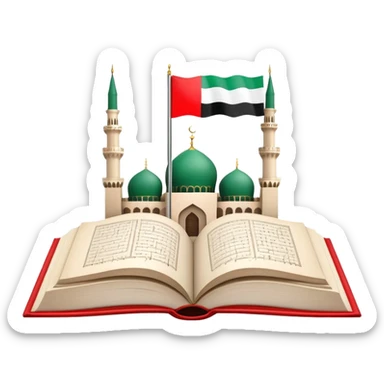An icon featuring the mosque and the big flag of United Arab Emirates, symbolizing the Arabic language. The design includes an open book with Arabic script and calligraphy, representing language learning and cultural heritage. Transparent background sticker