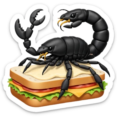 MAKE A SCORPION ON TOP OF A EHITE FLUFFY CLOUD THAT IS HOLDING A SANDWICH IN ITS CLAW AND LOOKING LIKE ITS EATING IT AND ITS NOT ON TOP OF THE SANDWICH ITS HOLDING IT AND NO SANDWICH UNDER ITS FEET OMG JUST MAKE A CLOUD AND ON TOP OF IT IT SHOULD BE A SCORPRON. HOLDING A SANDWICH sticker