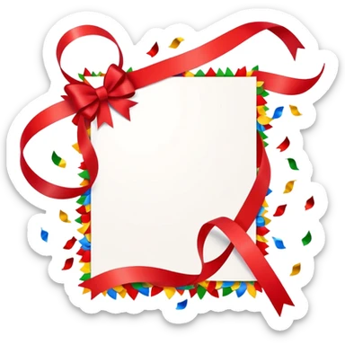 festive invitation card with a ribbon and colorful confetti around it sticker