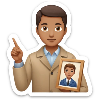 Person pointing at inspiring finished portrait rather than scattered paints sticker