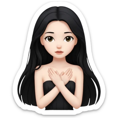 Pale girl with long black hair and black strapless dress with hands over her heart sticker