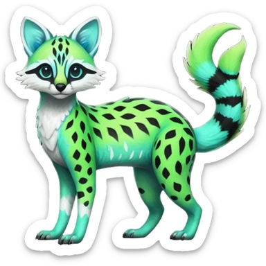 Rare realistic iridescent neon lime-green & cyan white black lush tropical exotic edgy epic pretty beautiful handsome gorgeous aesthetic colorful vibrant Vernid-Protogen-Primagen-Wickerbeast-Genet-Trico-species-Fakemon-hybrid-creature by LiLaiRa, beautiful intricate markings, full body sticker