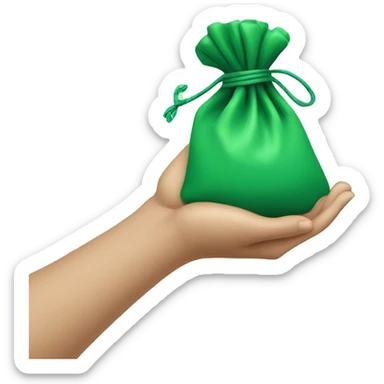 hand holding up a green pouch tied with light green string sticker