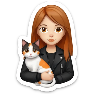 Light-skinned girl with brown straight hair wearing a black jacket, holding one pure white cat and one calico cat with orange black patches sticker