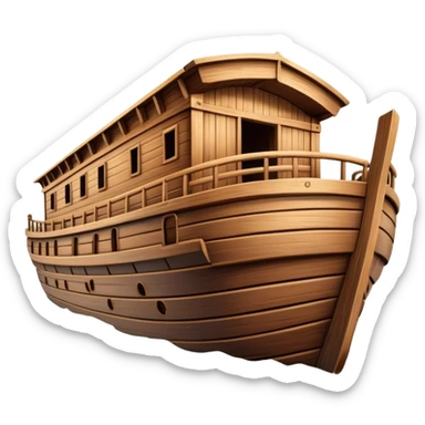 Huge empty wooden Noah's ark boat on water, wide and spacious, no occupants, realistic details sticker