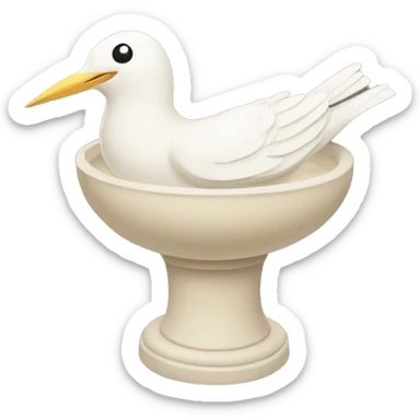 beige bird bath with a white bird in courtyard  sticker