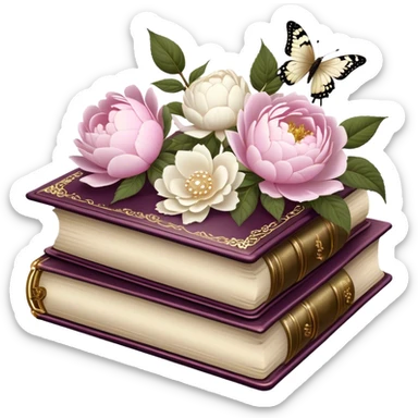 A vintage silk-bound poetry book, its cover embossed with golden floral motifs of pink roses and white peonies, resting on an antique writing desk with an ivory quill and a pearl butterfly sitting lightly on the book’s pages.
 sticker