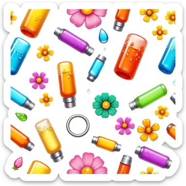 Create an icon that represents decorative arts using epoxy resin. The design should feature colorful tubes of resin, including fluorescent resin tubes, with visible drops or strokes of resin being applied to create intricate designs. Include finished resin jewelry pieces, such as pendants or rings, containing preserved flowers and insects encased in clear resin. The composition should feel vibrant, artistic, and delicate, showcasing the unique beauty of resin art with natural elements. The background should be transparent sticker