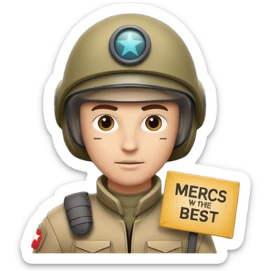 a scifi animated soldier holding a sign  text saying mercs we are the best in gif sticker