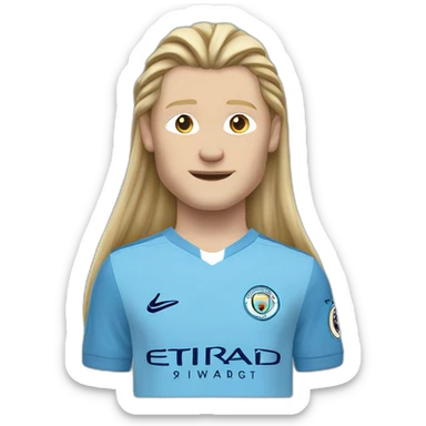 Realistic Erling Haaland has long hair, in a catogan. He is wearing Manchester City football shirt.It has the numéro 9 sticker