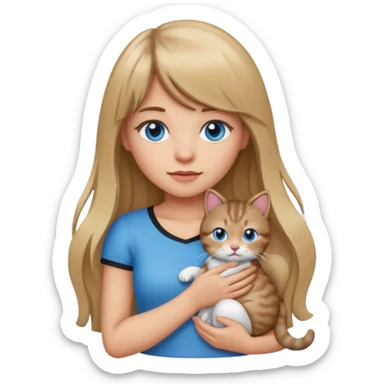 Apple-style emoji sticker of a young woman with long dark blond hair and bang, blue eyes , holding a kitty with black and white patch on her chest.  sticker