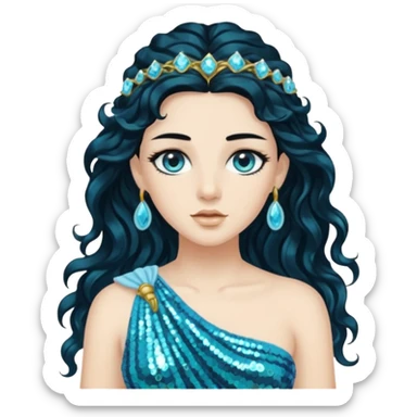 Salacia, Goddess of Seawater from Roman Deities with long jet black wavy hair, aquamarine sequin toga  sticker