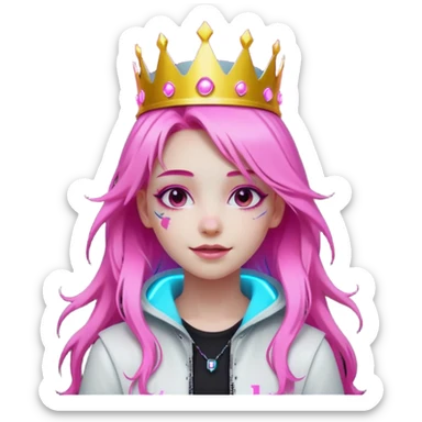 girl neon cyberpunk light pink happy long hair crown white and pink sticker