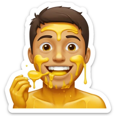man who’s eating yellow liquid and it’s smeared all over his mouth and face and he’s smiling sticker