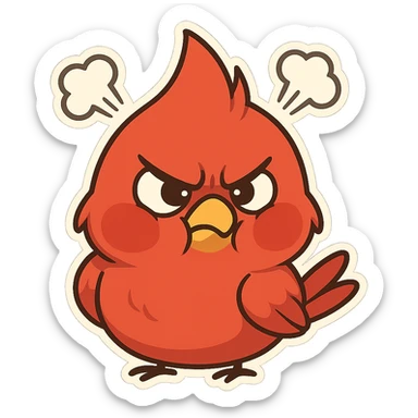 Chibi red male cardinal frowning with puffed cheeks and furrowed brows, steam puffs above head, angry but cute emoji. sticker