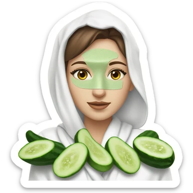 White girl with Brown hair and blue eyes wears a Green clay colored skincare textured mask and puts on cucumbers around her eyes while She relaxes in her white Robe sticker