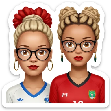 Rihanna must have freckles on nose and soccer woman with updo dreadlocks from east Caribbean wearing a red and white jersey and cateye eyeglasses sticker