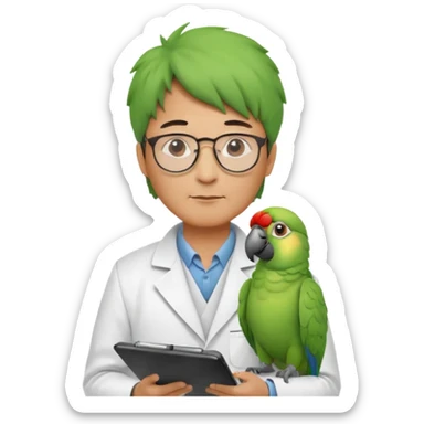 Middle-aged asian male vet – glasses, coat, writing notes on clipboard with parot on head sticker