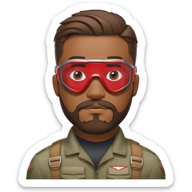 sam wilson with a close to the scalp hair  and  a well-groomed beard that connects to his mustache,  wear sleek, red-tinted tactical goggles fit snugly from captain america: civil war sticker