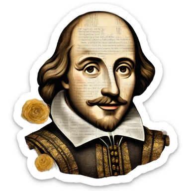 Shakespeare made of newspaper cuttings wearing flowers, stained glass, fairy lights, bokeh, annotated sketch, handwritten letters, collage of intricate patterns, gold swirls, bokeh, lights  sticker