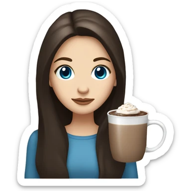 white girl with dark brown long hair, blue eyes, and a hot chocolate sticker