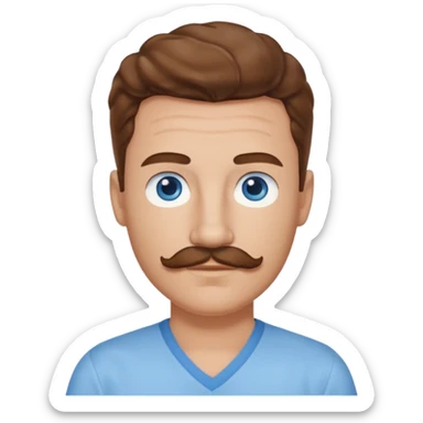 Benson Boone blue eyes, brown wavy hair and mustache, light blue v-neck shirt sticker