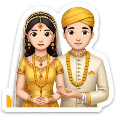 
A yellow sacred thread with two small gold pendants being tied around a bride's neck. The groom's hands are tying the knot while traditional Indian wedding elements like flowers and decorative details are visible in the background. Warm, ceremonial aesthetic. sticker