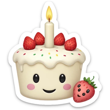 Jellycat vanilla cake with white frostting and strawberries on top with one candle with smiley face and legs sticker