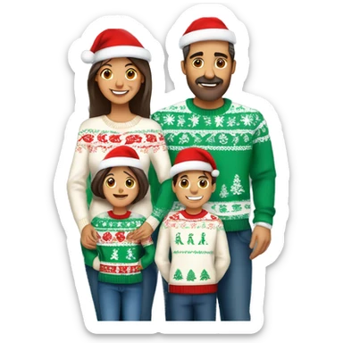A mexican family of four members with Dad, Mom, Son, and daughter. All wearing Christmas sweaters and Santa hats.  sticker
