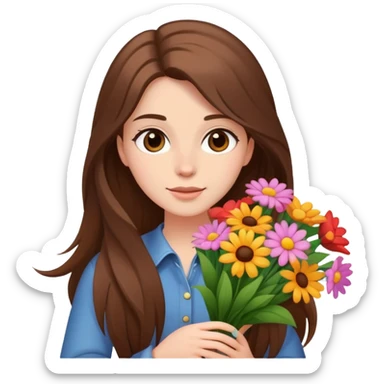 cool girl with long brown hair and fair skin tilting her head to the side while holding a bouquet of flowers sticker