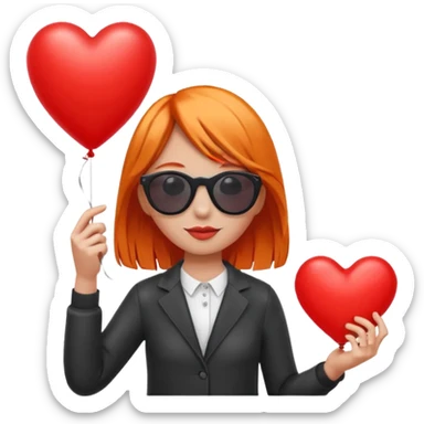 orange hair girl with sun glasses holding red heart balloon sticker