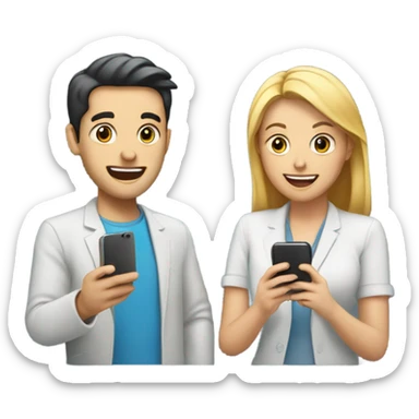 two friends talking on smartphone showing charts sticker